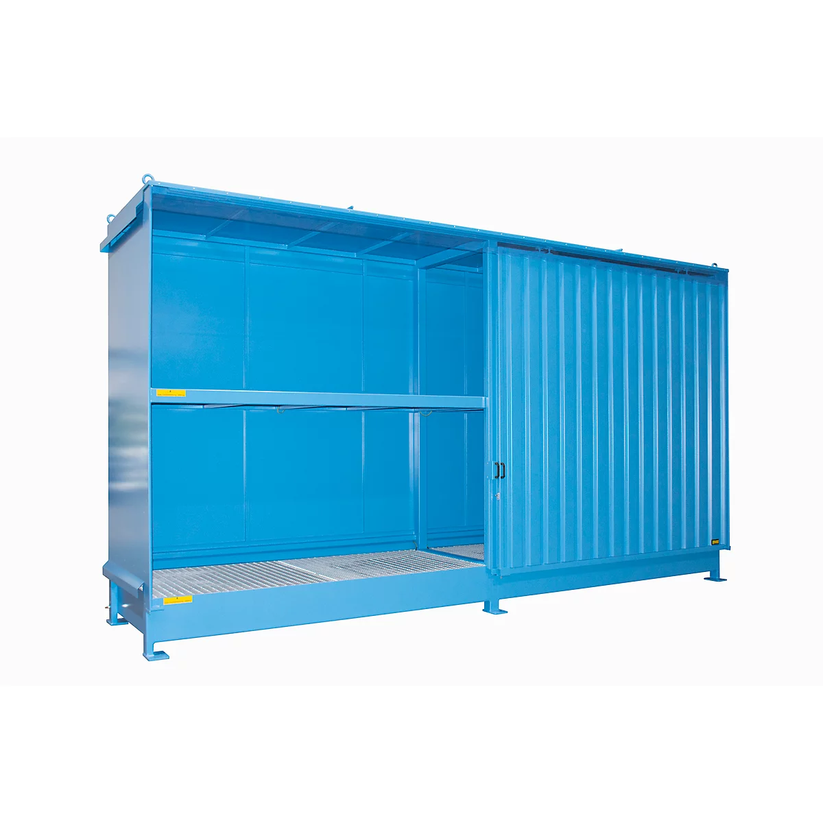 Contenedor de estantes Bauer tipo CEN 59-2 IBC, 2 niveles de estantes, puerta corredera, 2000 l, ancho 6255 x fondo 1550 x alto 3450 mm, azul claro RAL 5012